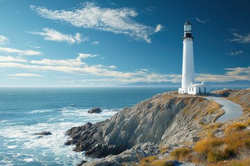 White Lighthouse on Rocky Cliff overlooking Ocean