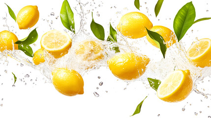 water splash with fresh lemmons. Whole and sliced lemons, leaves, levitating on a white background