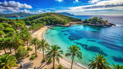 Aerial view of palm-lined Platja Palmira beach in Mallorca, Spain, featuring turquoise Mediterranean waters, golden sand, and lush green vegetation under a bright blue sky.