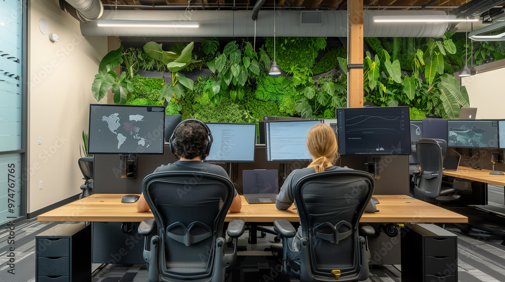 Wall mural Two people are sitting at a desk in front of a large green wall