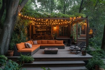 Obraz premium Modern backyard patio with fire pit and string lights at dusk