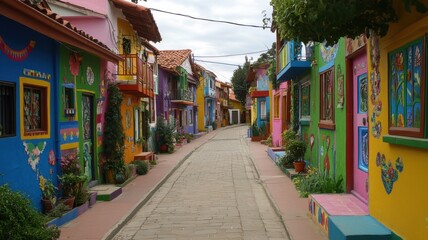 Fototapeta premium Colorful Street with Vibrant Houses and Artistic Murals in a Quaint Village