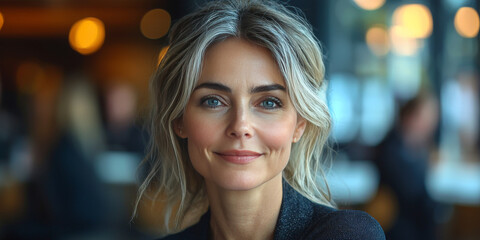 Smiling woman with blonde hair in a cafe