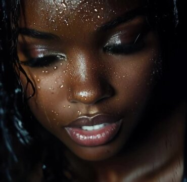 Portrait of beautiful natural black woman with dewy wet skin