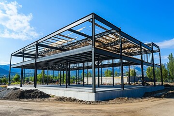 Fototapeta premium Construction of steel frame commercial building for local business expansion in urban environment