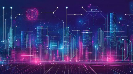 Futuristic city skyline with glowing lines and dots representing digital connections.