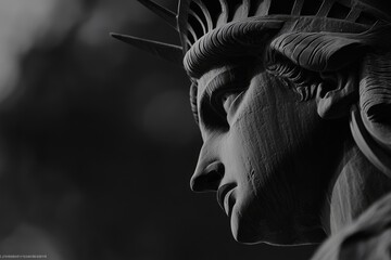 The statue of liberty gazing over new york city in black and white