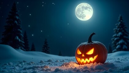 Obraz premium Frosted Pumpkin on Snowy Doorstep Under Moonlit Sky 