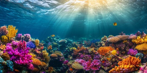 Naklejka premium Colorful coral reef in blue ocean with sunbeams.