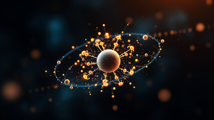Tiny glowing particles orbiting around a nucleus, set against a dark, abstract background to represent quantum mechanics