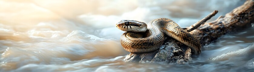 Obraz premium Snake Coiled Around Submerged Branch in Rushing Floodwaters Symbolizing Nature in Crisis
