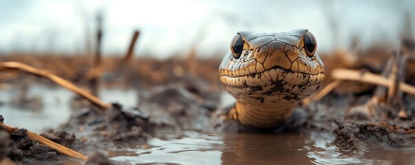 Obraz premium Venomous Snake Emerging from Flood Ravaged Floodplain