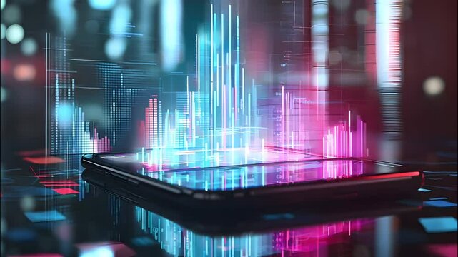 A modern smartphone displays vibrant data visualizations against a futuristic backdrop, symbolizing technology and innovation in digital analytics