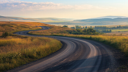 Serene Journey: Winding Asphalt Road Through the Steppe Landscape