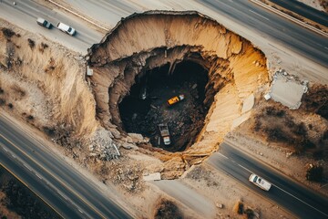 dangerous sinkhole that has swallowed a portion of a highway with copy space. disaster theme