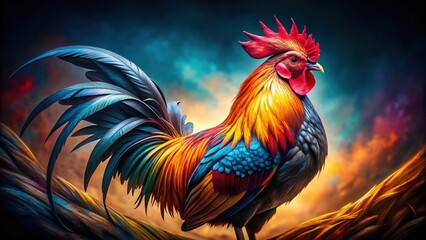 A majestic, fierce, and proud rooster with vibrant plumage and spiked feathers, symbolizing strength, courage, and determination, set against a bold, contrasting background.