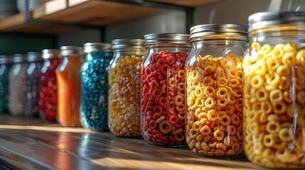 Colorful cereal in glass jars on a kitchen shelf.