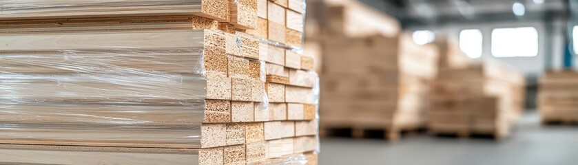 Finished plywood panels being prepared for shipping, neatly stacked and wrapped in protective plastic plywood industry, packaging