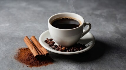 Steaming Cup of Black Coffee with Cinnamon and Star Anise on Gray Background