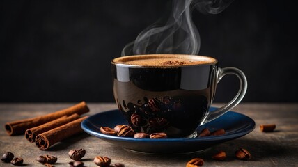 Steaming Cup of Fresh Coffee with Cinnamon Sticks on a Rustic Table