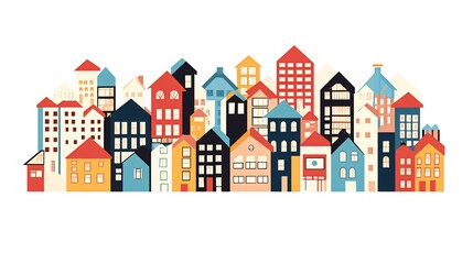 Colorful illustration of a city skyline with various buildings in different shapes and sizes.