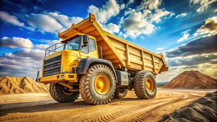 Obraz premium A massive yellow dump truck loaded with sand drives on a construction site, its oversized wheels and reinforced cargo hold standing out against a blue sky.