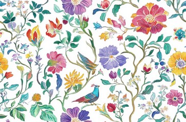 seamless pattern of colorful watercolor floral and bird motifs