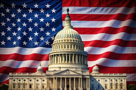 American flag background with illustrations of the legislative, executive, and judicial branches' symbols, highlighting the separation of powers in the federal government system.
