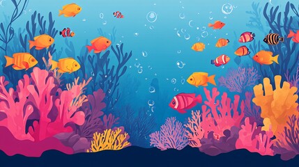 Fototapeta na wymiar Colorful fish swimming amongst coral reefs and seaweed in the ocean.