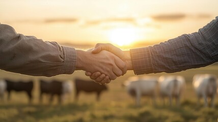 Handshake between farmers standing near cows
