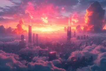 Obraz premium retrofuturistic cityscape neonlit skyscrapers against pastel sunset sky vaporwave aesthetic floating geometric shapes dreamy cloud formations