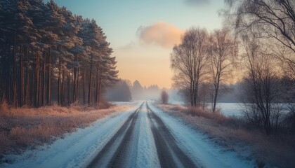 Winter landscape  scenic view of a rural road surrounded by leafless trees in a serene setting