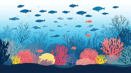 Colorful coral reef with a school of fish swimming above.