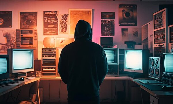 Man in a hoodie standing in front of a wall of monitors