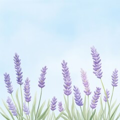 Naklejka premium A serene lavender field under a gentle blue sky, showcasing the beauty of nature and tranquility in soft pastel colors.