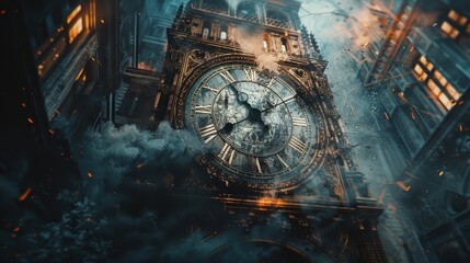 A close-up of a massive, ornate clock tower with smoke and sparks surrounding it, set against a dark cityscape