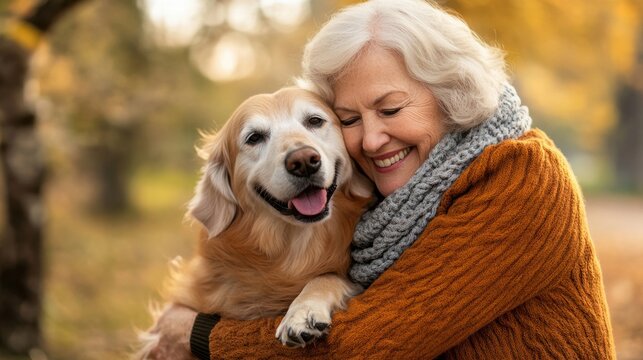 Senior woman embraces her golden retriever in a sunny autumn park