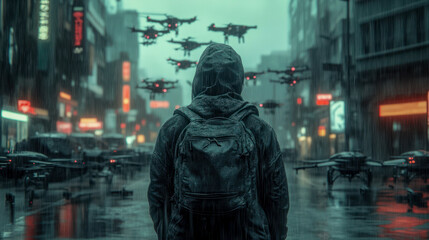 Mysterious Hooded Figure in a Rainy Cyberpunk City with Drones - Ideal for Futuristic and Sci-Fi Concepts