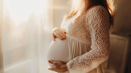 Expecting mother in lace dress gently cradling her baby bump indoors