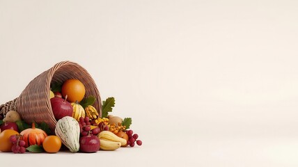Cornucopia, overflowing with harvest produce, 3D illustration, copy space for text,