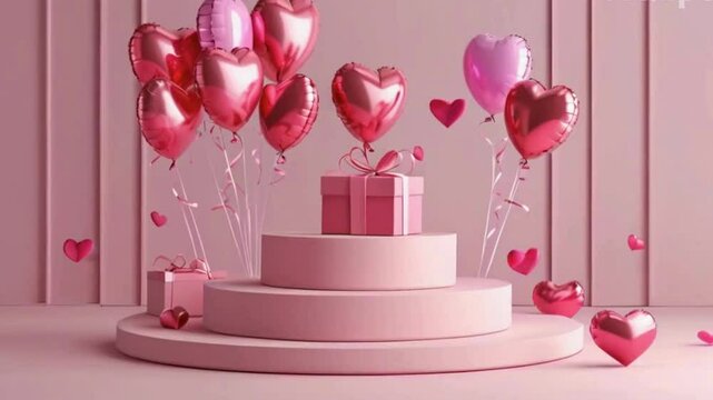 gift box and heart ballons on pink background valentine concept