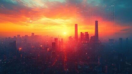 The silhouette of a modern city skyline overlaid with financial graphs, depicting the connection between urban development and economic expansion.