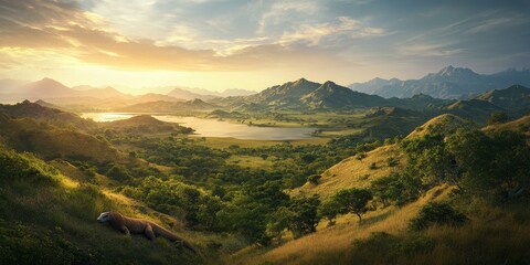 Naklejka premium A lizard in a lush, mountainous landscape.