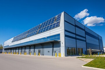 Fototapeta premium Modern industrial warehouse featuring expansive solar panels under a clear blue sky