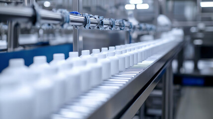Assembly line in a food processing plant, packaging products, hygiene-focused environment