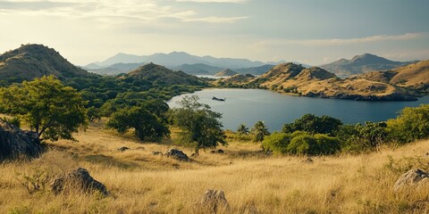 A grassy hillside overlooking a bay and islands.