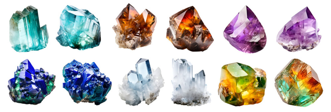 Collection set of gemstone mineral rocks crystal semi-precious stones, on transparent PNG. Adamite, amethyst, anhydrite, aquamarine, axinite, azurite. Many different style. Mockup template for artwork