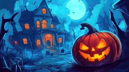 Halloween pumpkin in front of haunted house, cartoon style, bright colors