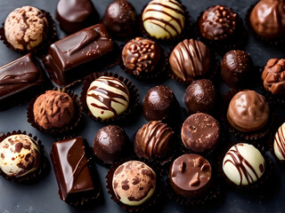 Assorted Gourmet Chocolate Pralines on Dark Background