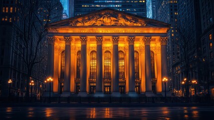 Fototapeta premium Night view of a classic bank building, illuminated by streetlights, with grand columns and towering architecture casting shadows.